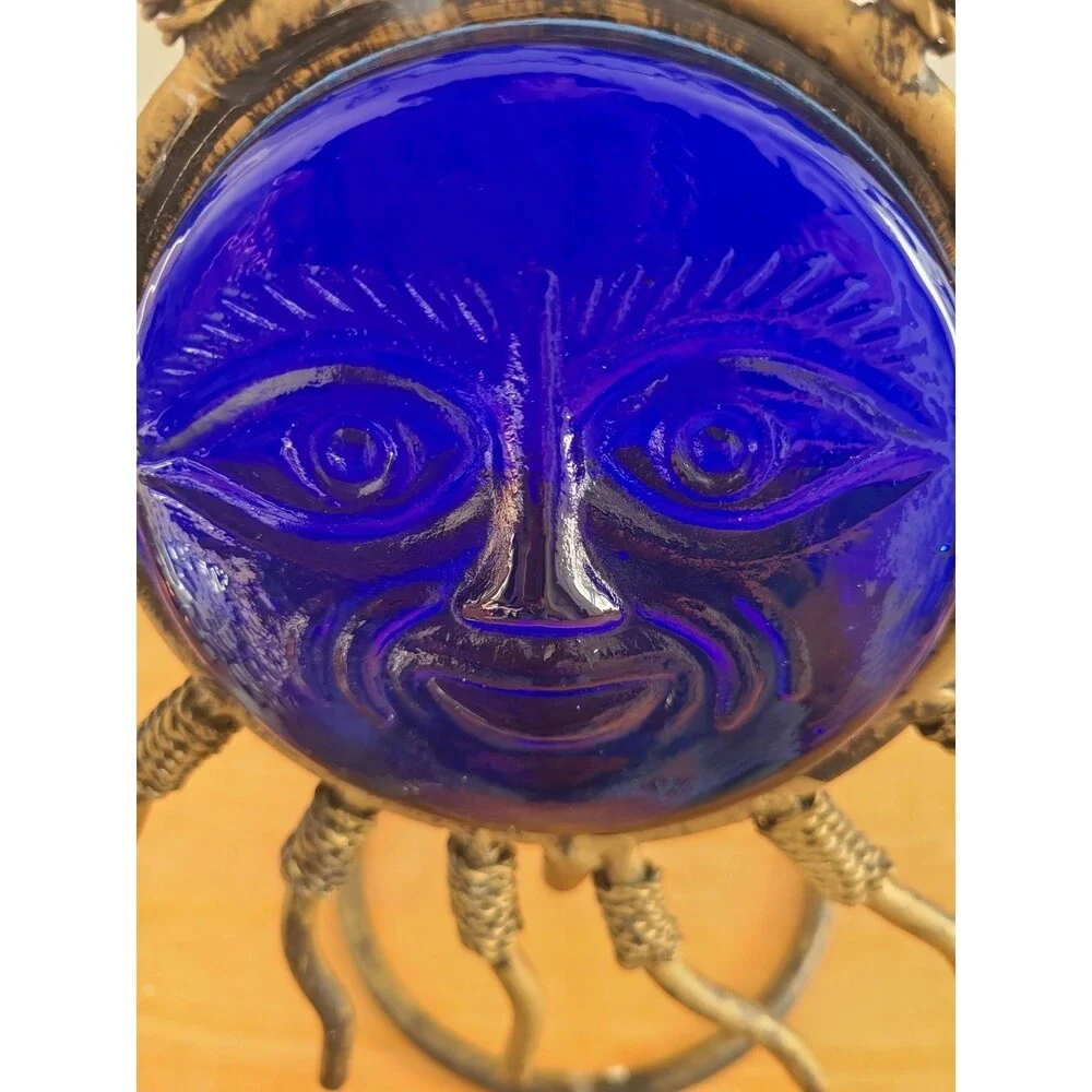 Cobalt Blue Glass Metal Celestial Candle Holder Brass Finish  11